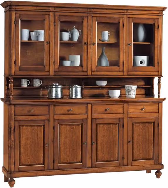 Cristalliera Napoletana a 4 ante in legno massello con ante in vetro e finitura Elite marrone Mobili 2G L: 196 cm, P: 43 cm, H: 205 cm
