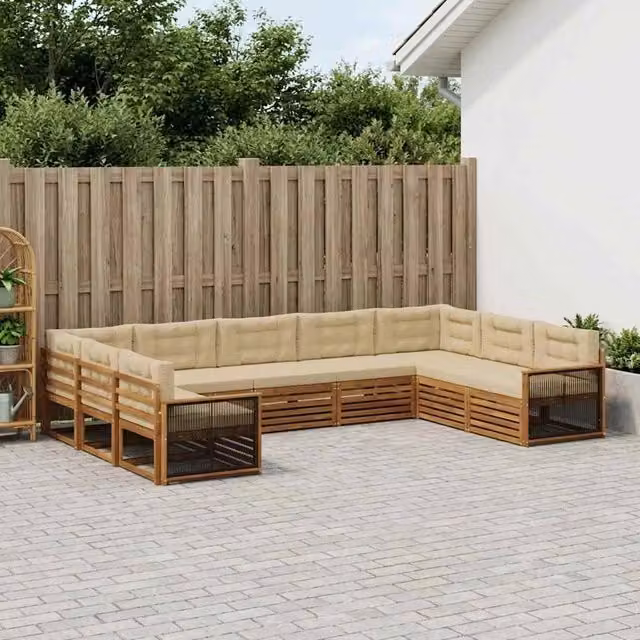 Set di divani da esterno a L vidaXL in legno di acacia con cuscini beige, 9 pezzi