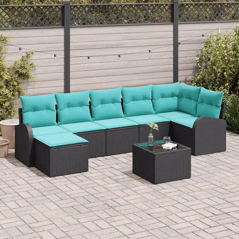 Set di divani da giardino vidaXL 8 pz in rattan nero e turchese con struttura in acciaio e cuscini inclusi