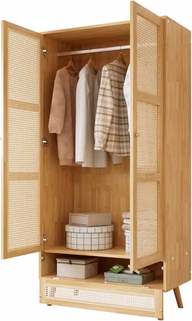 Armadio Chicfurn per camera da letto con 2 ante, asta appendiabiti e vano a ribalta in legno e rattan, colore beige, L: 90 cm, P: 45 cm, H: 183 cm