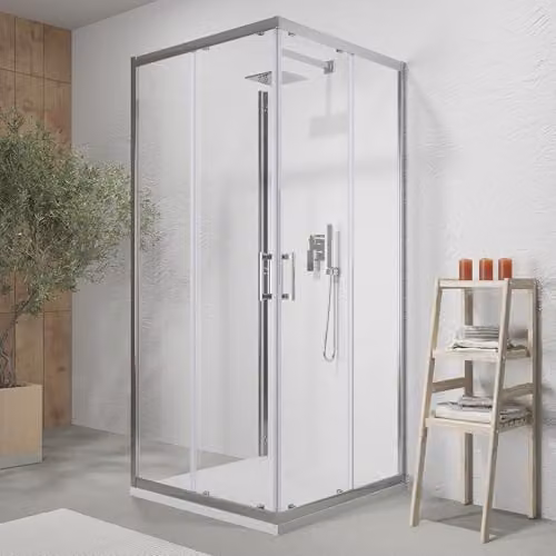 Box doccia cromato 3 lati 80x80x80 cm con doppio scorrevole h190 cm e Vetro Temperato Trasparente 6 MM Profili Alluminio Cromato Modello Tremiti