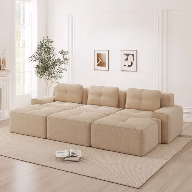 Divano Angolare Modulare Minimal con Letto e Pouf Beige in Tessuto a Coste