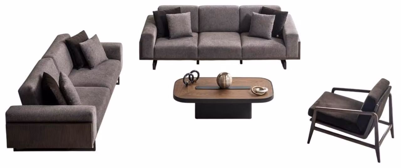 Elegante Graue Wohnzimmer Garnitur 3-Sitzer Relax Sessel Couchtisch