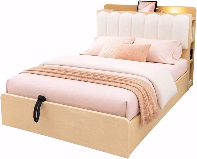 Letto matrimoniale 140x200 cm con contenitore idraulico; USB e testiera in velluto beige