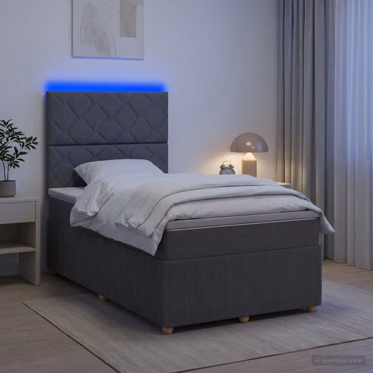 Letto Box Spring vidaXL con Materasso Ibrido e Illuminazione LED sotto il letto, Grigio e Bianco, L/P/H: 120 x 200 cm