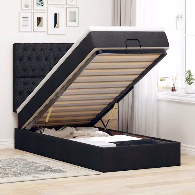 Letto con contenitore a sollevamento e materasso vidaXL in tessuto nero e bianco, L/P/H: 190 x 90 x 28 cm – 1