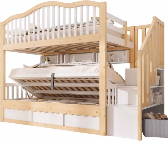 Letto a castello 90x200 cm con contenitore idraulico; scala con vani; pino e MDF; bianco e rovere