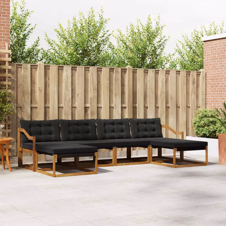 Set di divani da esterno moderno vidaXL in legno di acacia e textilene, 6 pezzi, Naturale e Nero