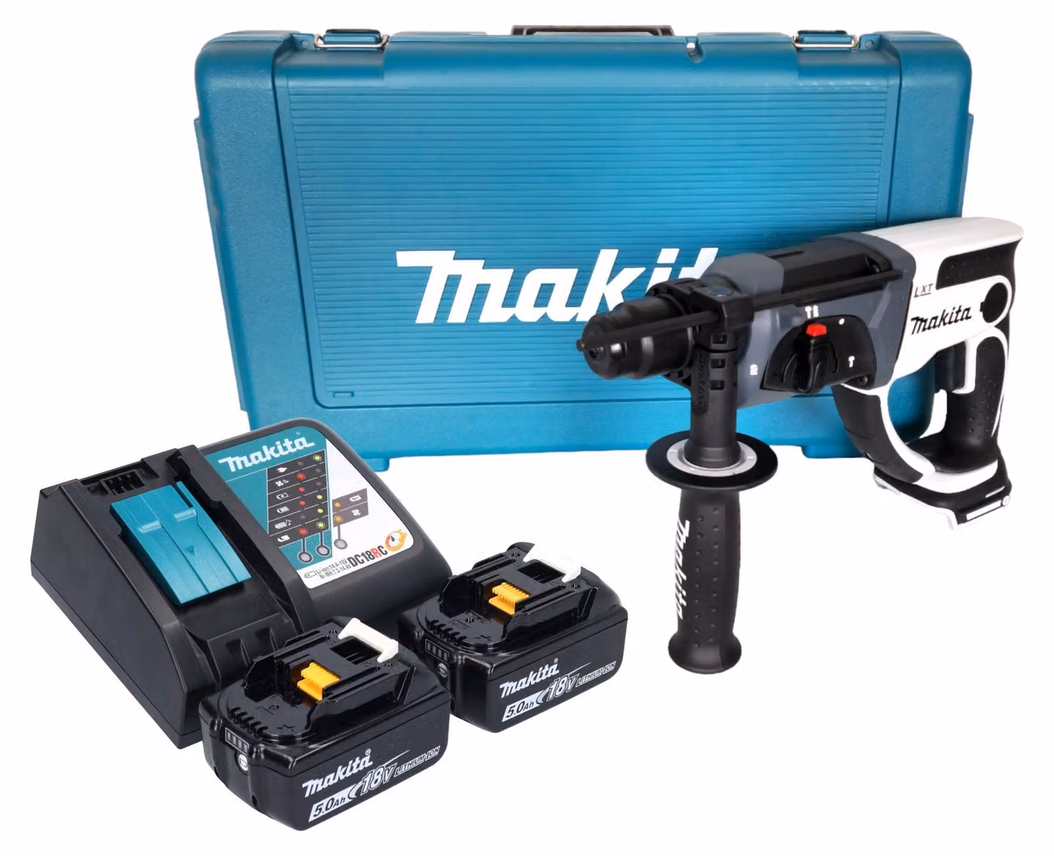 Makita DHR 202 RTW trapano a percussione a batteria 18 V 20 mm 2,0 J bianco + 2x batteria ricaricabile 5,0 Ah + caricabatterie + custodia