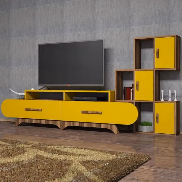 Parete Attrezzata Modulabile DMORA per Soggiorno Moderno, Marrone e Giallo – 1