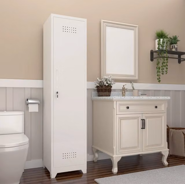Armadio sottile bianco in metallo con chiusura e ripiani, 165 cm, organizzatore per cucina, ufficio e garage