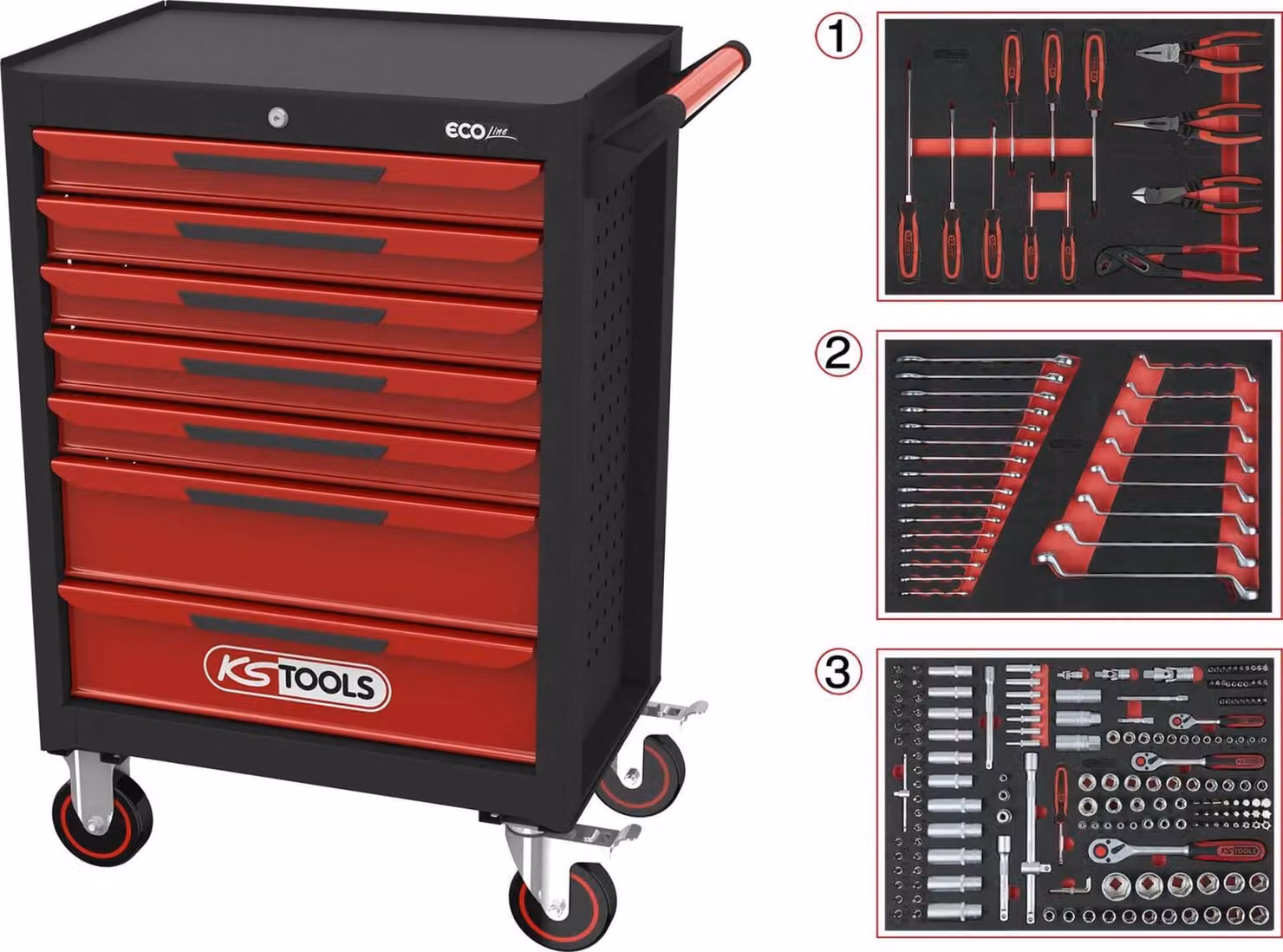 KS Tools ECOline SCHWARZ/ROT Carrello da officina con 7 cassetti