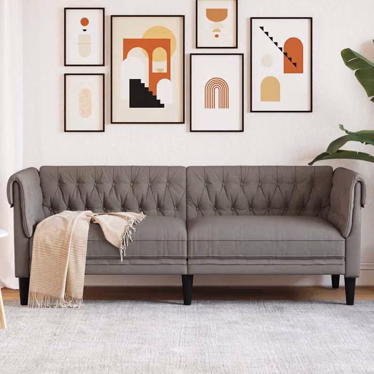 vidaXL Divano Chesterfield a 3 Posti in Tessuto Beige e Grigio con Struttura in Legno Massello L: 201,5 cm, P: 74,5 cm, H: 74,5 cm
