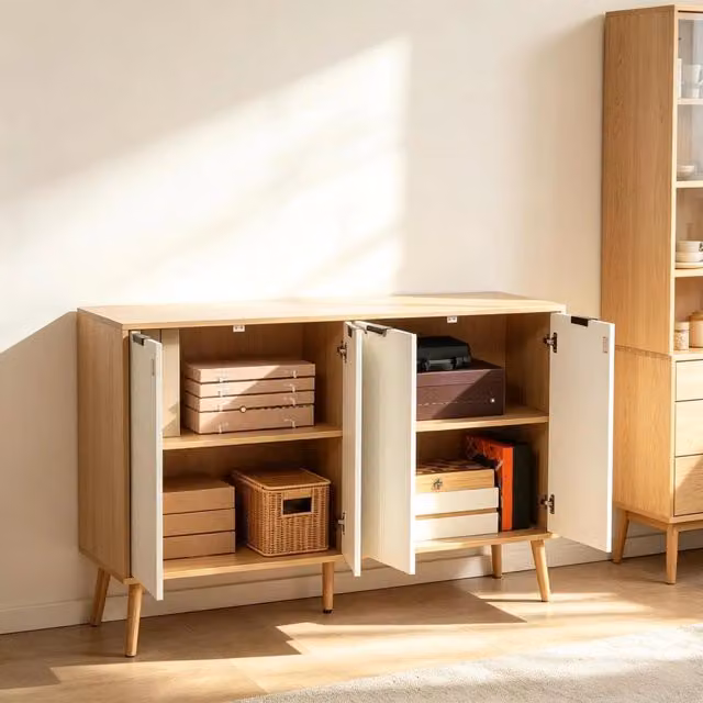 Sideboard REDOM in stile scandinavo bianco e beige, L 120 x P 35 x H 77,4 cm