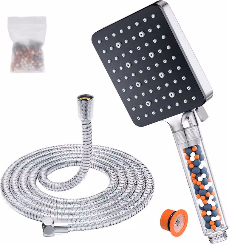 Doccia con filtro - Doccia a mano ad alta pressione con tubo flessibile da 1-6 metri - Miscelatore per doccia a risparmio idrico (115x100 mm) - 6 tipi di getto - Doccia a pioggia ad alta pressione
