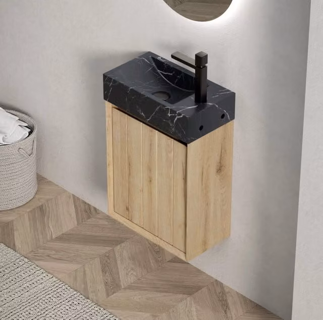 Mobile bagno da 40 cm con lavabo in marmo nero e base in compensato con porta in quercia bianca