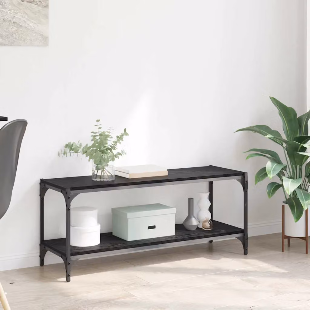 Mobile TV vidaXL in stile rustico nero con ruote, in legno e metallo, L 100 x P 33 x H 41 cm