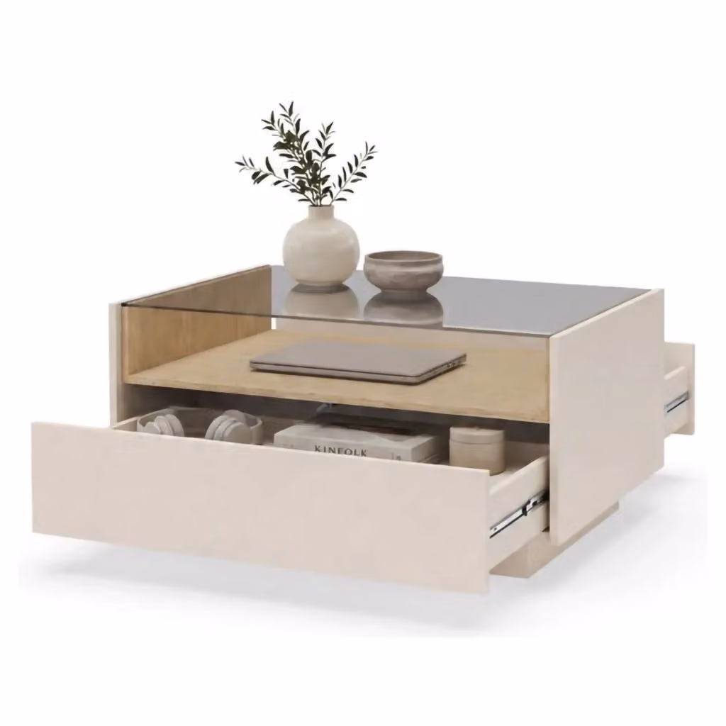 Tavolino da salotto moderno Karisasa con un cassetto, rettangolare, beige e marrone, L: 96 cm, P: 40 cm, H: 43 cm – 2