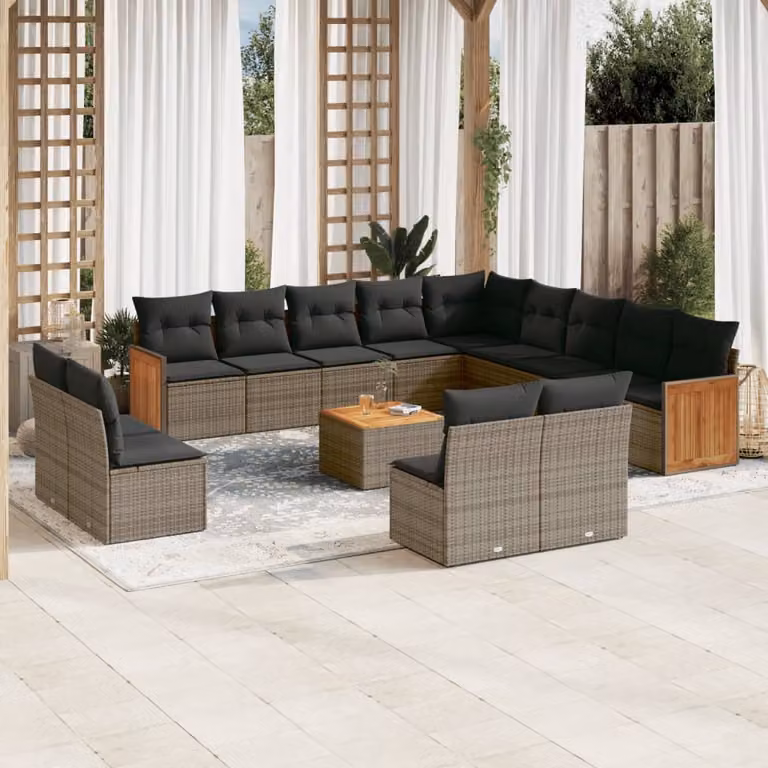 vidaXL Set Divani da Giardino a L in Polyrattan Grigio con Cuscini e Tavolino da Esterno
