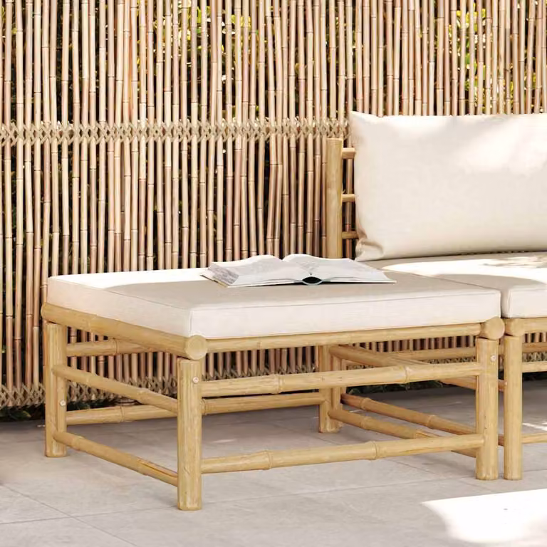 vidaXL Poggiapiedi da Giardino in Bambù con Cuscino Bianco e Beige