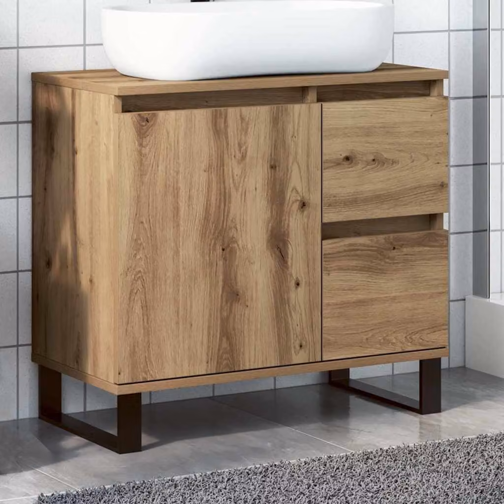 Armadietto da bagno vidaXL in stile industriale color rovere con ante a cerniera e cassetti, L 65 cm x P 33 cm x H 60 cm