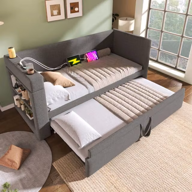 Letto divano singolo OKWISH con letto estraibile, porte USB e Type-C e portabevande, grigio