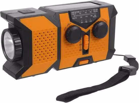 Caricabatterie manuale con torcia LED multifunzionale e radio per il campeggio e le emergenze.