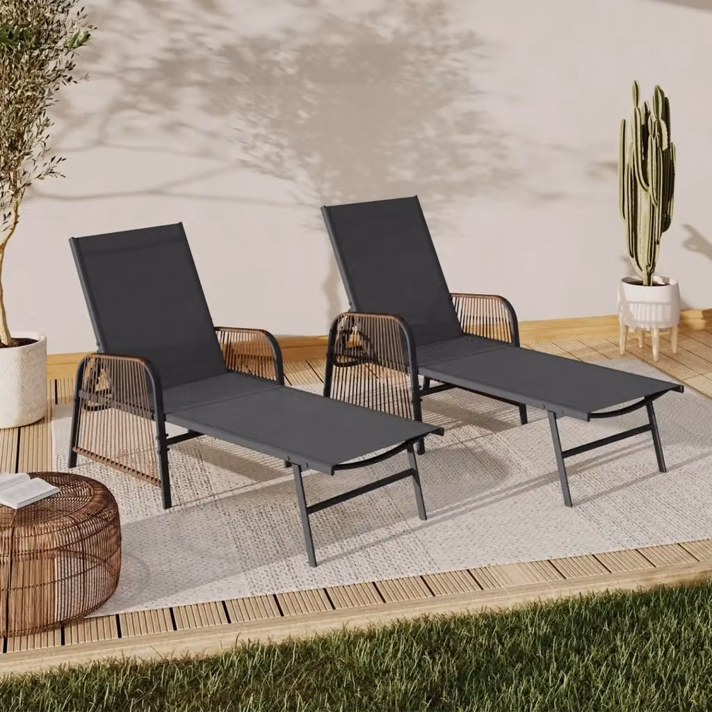 IDMarket Set di 2 lettini da giardino RIO reclinabili in acciaio grigio antracite e corda rattan con braccioli e tessuto grigio – 2