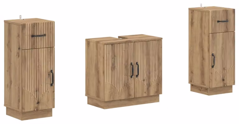 Set di due mobili da bagno, modello HOORN, in legno artigianale effetto quercia
