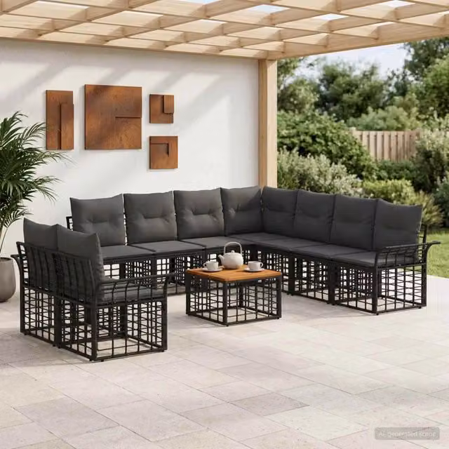 Set di divani da esterno 10 pz Nero e Grigio scuro Poliestere 3437717
