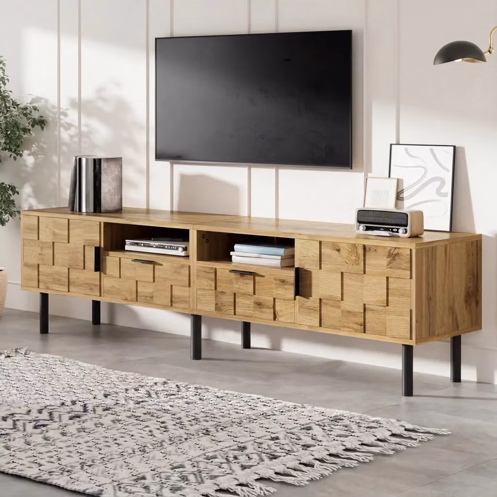 Mobile TV Mivray moderno con 2 ante, 2 cassetti e 2 vani aperti, finitura naturale e piedi neri, L: 160 cm, P: 35 cm, H: 42.5 cm – 2