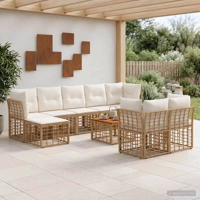 Set di divani da esterno 10 pz 9-Posti Naturale e Bianco Crema 3437568