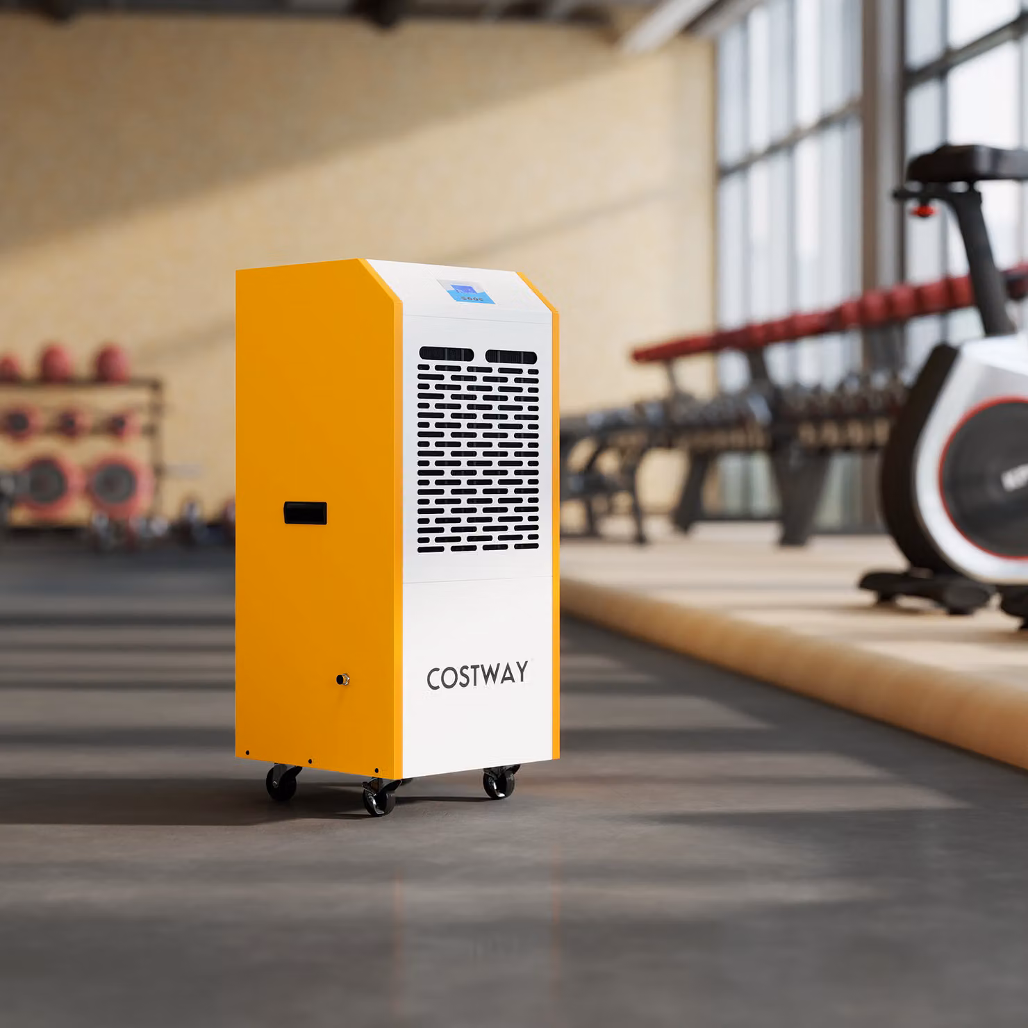 Deumidificatore commerciale professionale Costway giallo con ruote, display LED e timer 24h, capacità 90 l/giorno