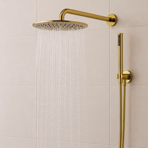 Ogomondo Kit Doccia Circolare Round-2 Soffione 250 mm in Acciaio Inox, Doccino con Presa Acqua, Finitura Oro (Oro Lucido)