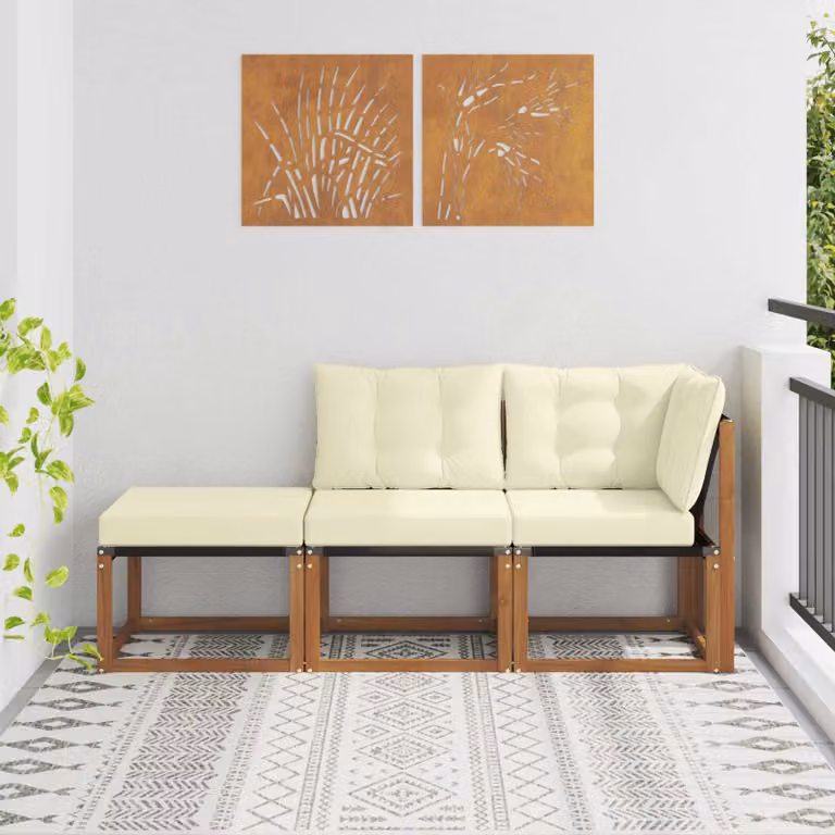 Set di divano modulare da esterno vidaXL a forma di L con pouf, struttura in legno di acacia e cuscini in tessuto beige e bianco