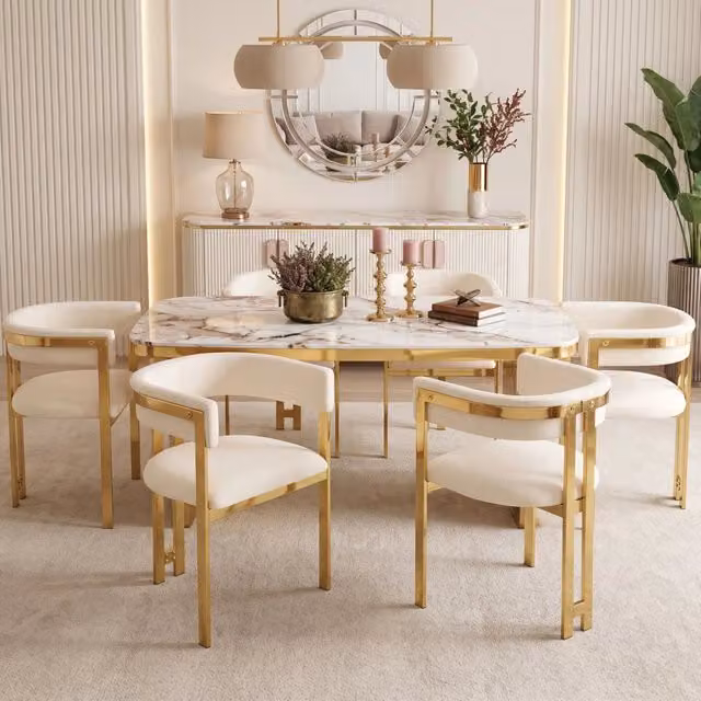 Set di 6 sedie 60.0x50.0x76.0 cm con schienale semicircolare in chenille beige e oro
