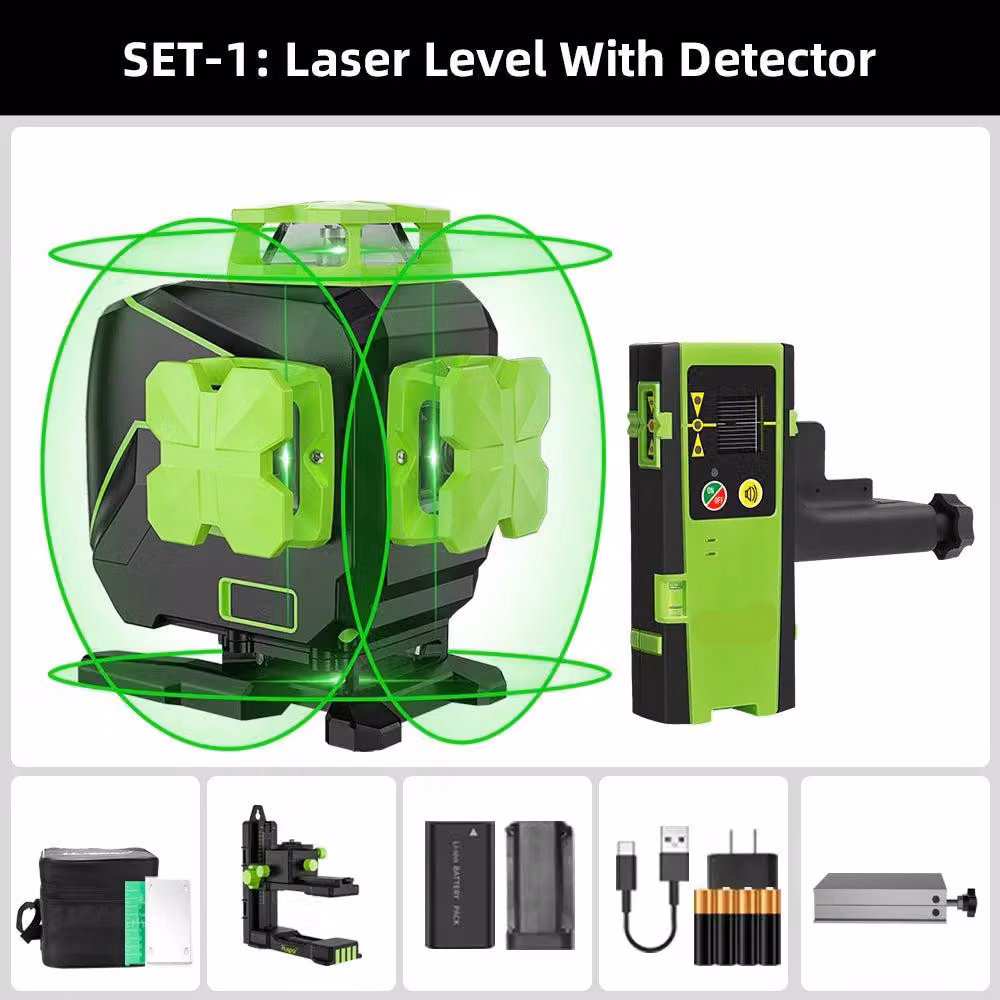 Livella laser a croce - Livella laser per l'edilizia 4D - 16 linee - Raggio verde - Ideale per lavori di piastrelle e pavimenti