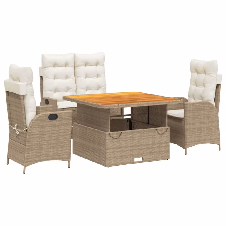 Set da Pranzo da Giardino 4 pz con Cuscini Beige in Polyrattan