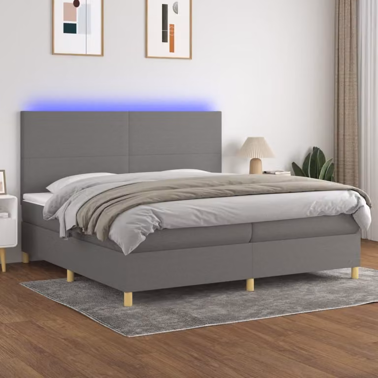 The Living Store Letto a molle con materasso e LED in tessuto grigio scuro 200x200 cm