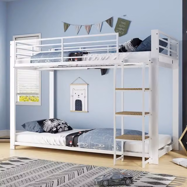 Letto a castello per bambini ¨C Minimal ¨C bianco metallo 90x200 cm con scaletta e protezione anti-caduta
