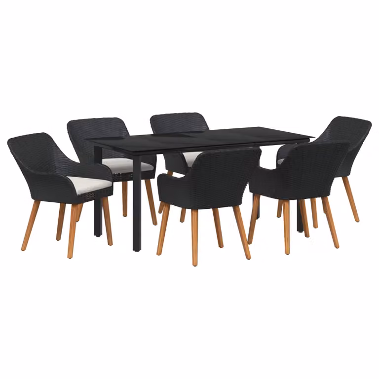 Set da pranzo per giardino e terrazza vidaXL in polyrattan nero con tavolo in vetro e 7 pezzi