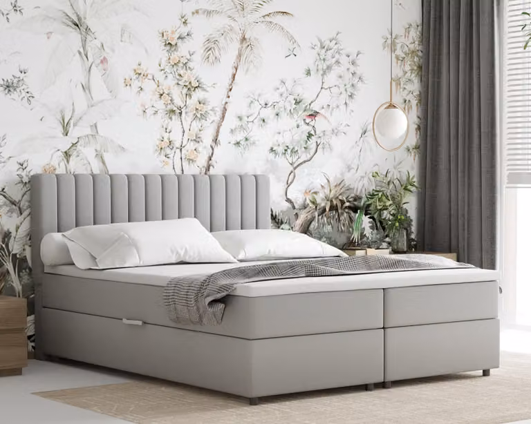 Letto boxspring 160x200 EVEREST, con topper, con cassetti, letto matrimoniale, grigio chiaro