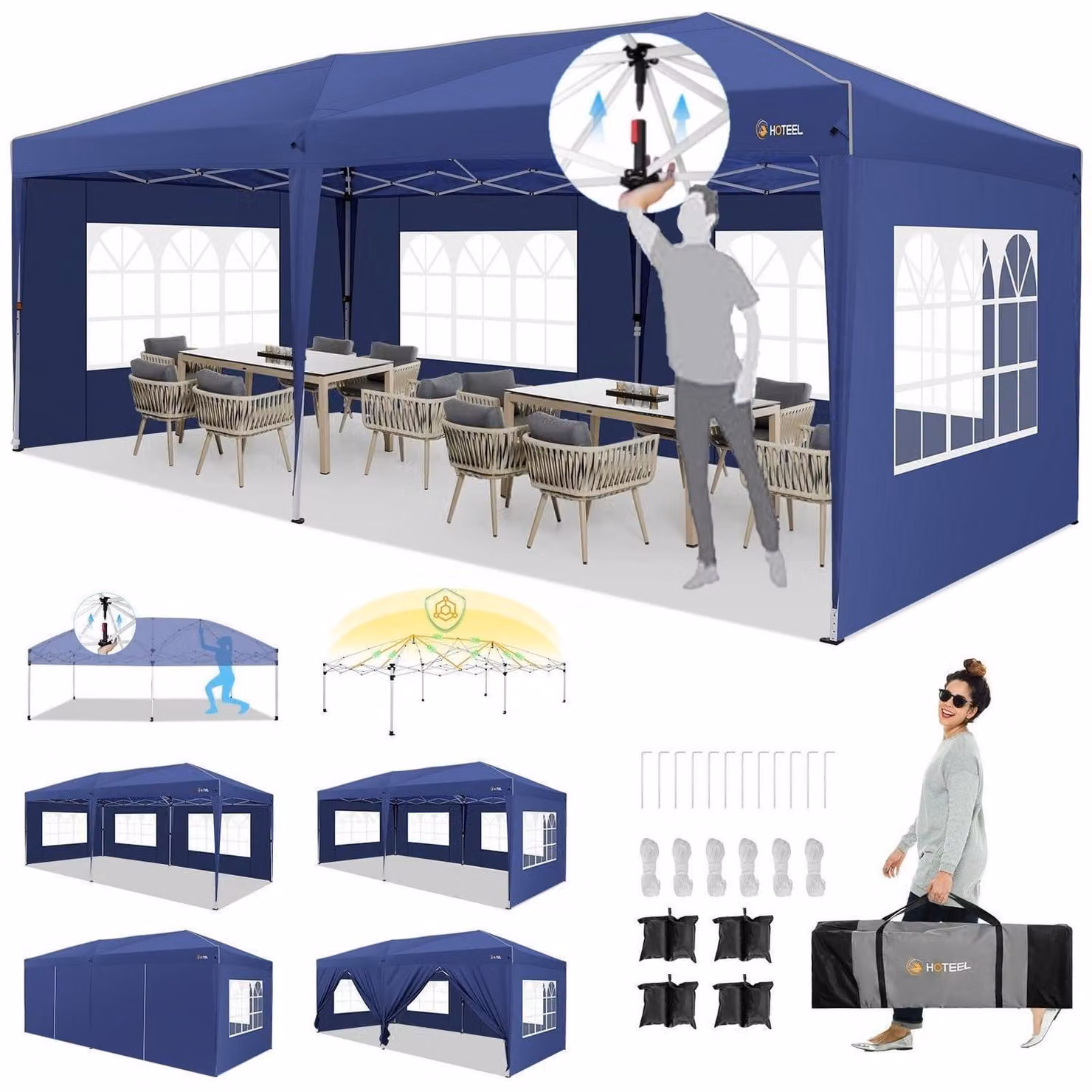 Gazebo da esterno 3x6 metri, colore blu navy, impermeabile, stabile, adatto per l'uso invernale, con pareti laterali