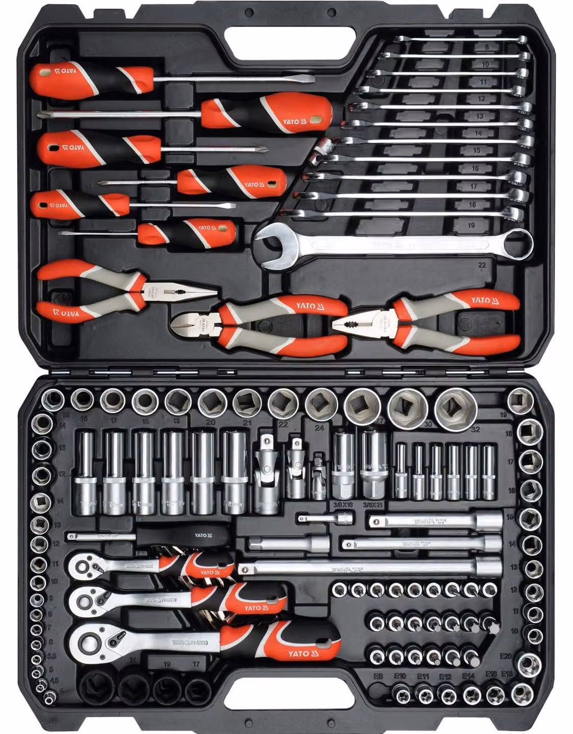 Set di utensili da 1/4", 3/8" e 1/2", 129 pezzi.