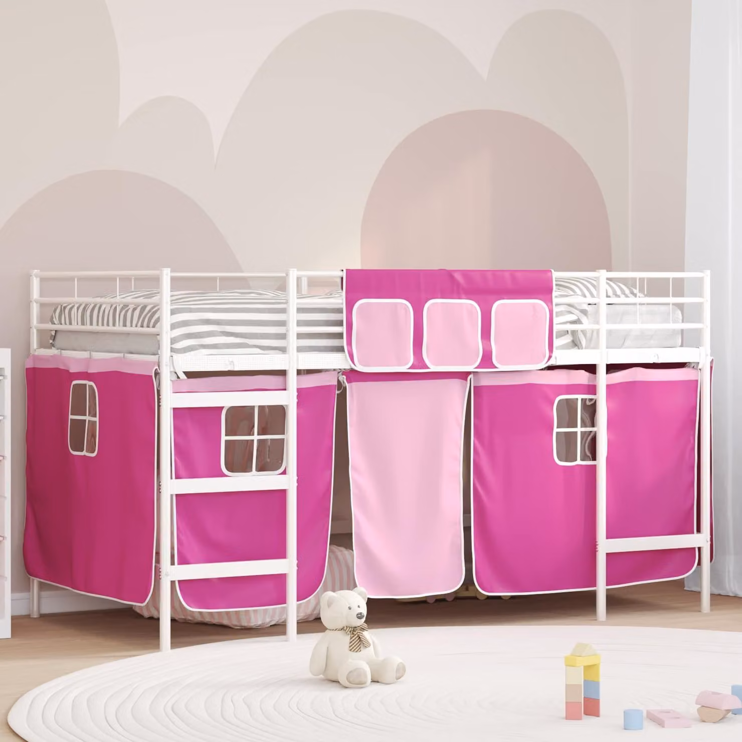 Letto a castello esclusivo per bambini, con tende, bianco e rosa, dimensioni 107 x 203 cm