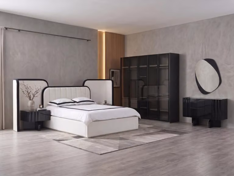 Set di mobili moderni, bianco e nero, elegante, composto da letto, armadio e tavolino da trucco