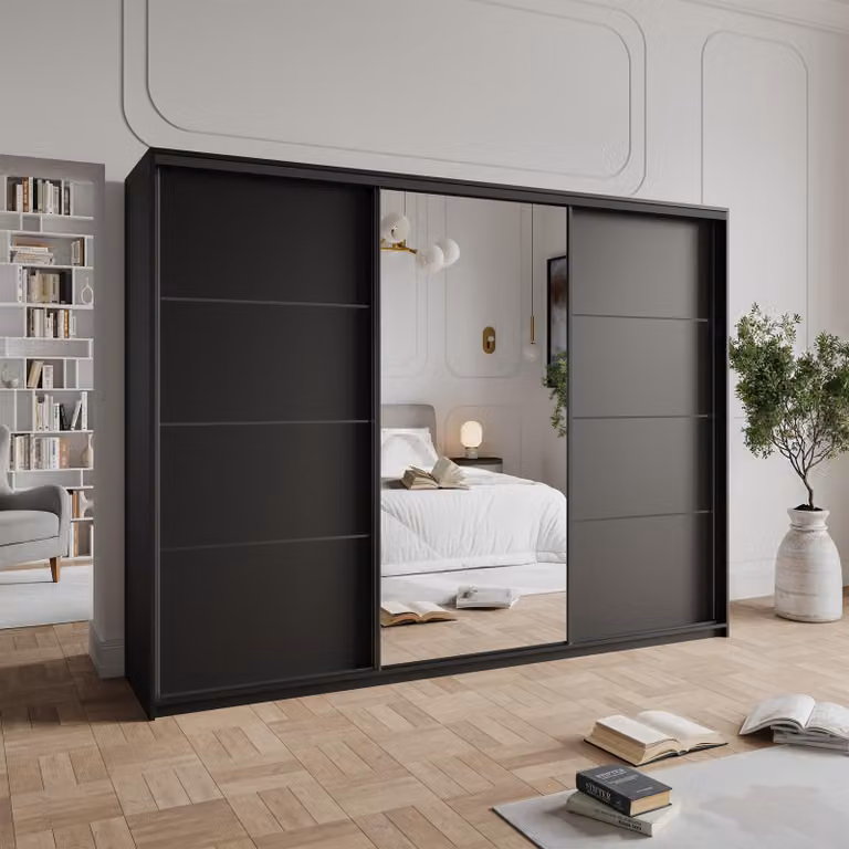 Armadio scorrevole Masseno VARO 250/205/60 cm Armadio con 4 cassetti Armadio per camera da letto a 3 ante con specchio Nero