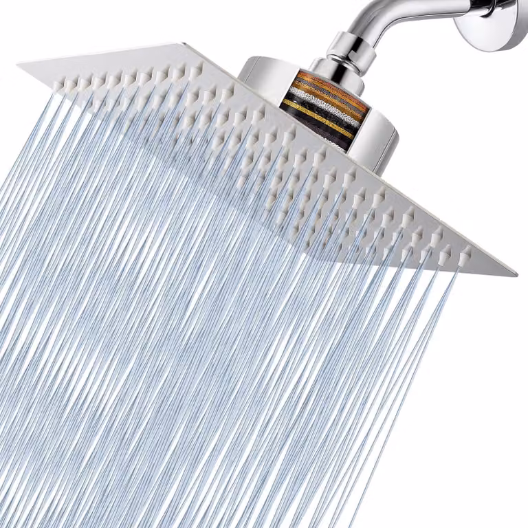 Doccia a pioggia con getto d'acqua potente - Miscelatore per doccia da 20 cm - Acciaio inossidabile - Filtro a cascata - Pressione elevata - Braccio doccia regolabile