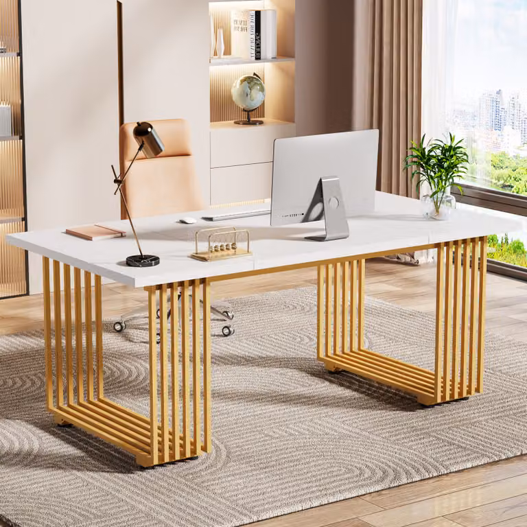 Tribesigns scrivania per computer, 180 x 80 x 78 cm scrivania moderna per ufficio tavolo da lavoro tavolo da pranzo con gambe dorate, tavolo da conferenza, bianco/oro