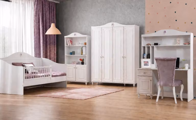 Set per cameretta per bambini, composto da armadio, scrivania e scaffale, in legno bianco